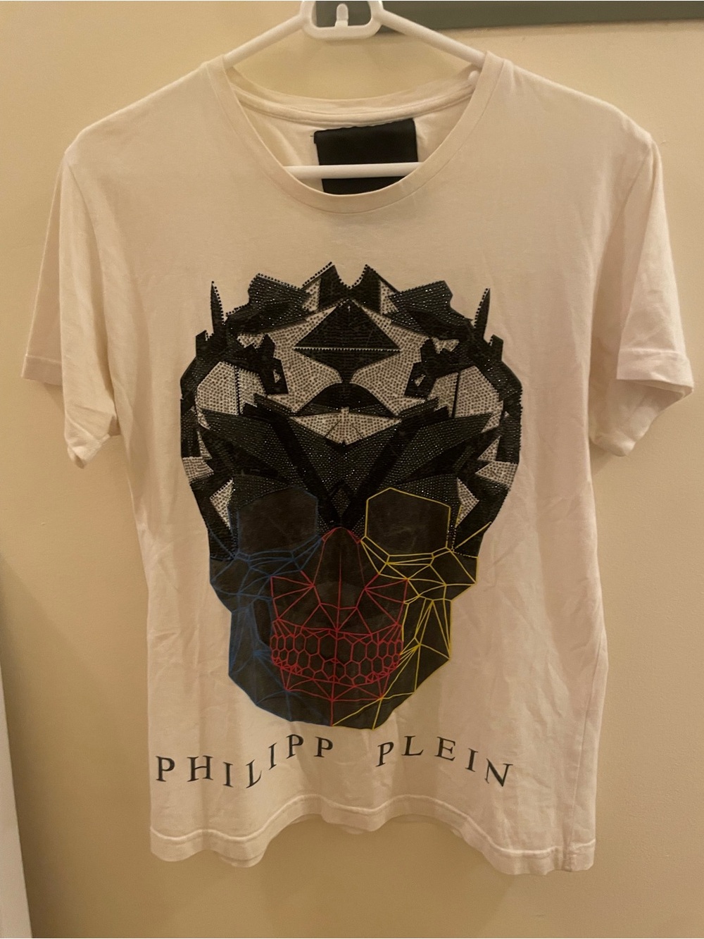 Philipp Plein White Tee with Black Geometric Skull and Red Blue Yellow Accents